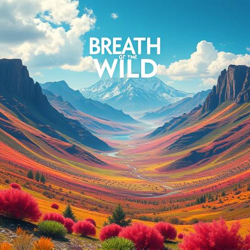 A stylized landscape from 'Breath of the Wild' showcasing vibrant colors and a vast open world.