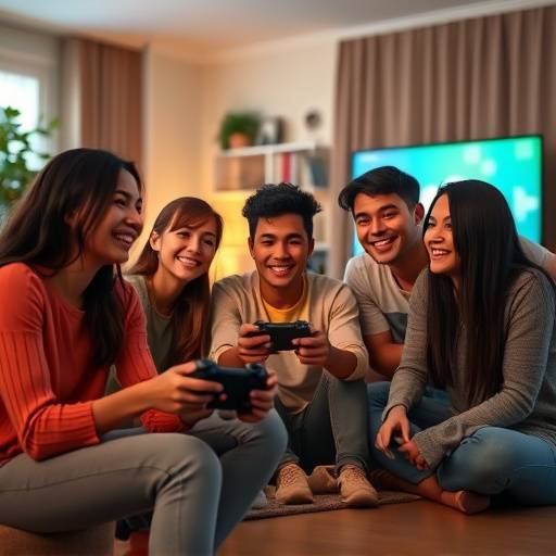 Diverse group of people playing a multiplayer video game together in a living room, highlighting the social aspect of gaming.