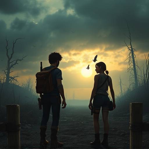 Screenshot from 'The Last of Us', showing Joel and Ellie in a post-apocalyptic environment.