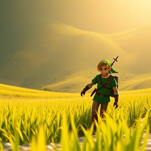 Screenshot from 'The Legend of Zelda: Ocarina of Time', showing Link in Hyrule Field.